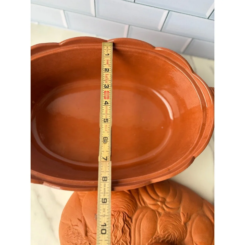 Vintage Terracotta Lidded Casserole Baker Vegetable Harvest Basketweave Oval‎